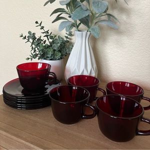 Set of 5 Vintage Ruby Red Teacups & Saucers
